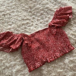 SHEIN New Red Floral Crop Top with Puffy Sleeves